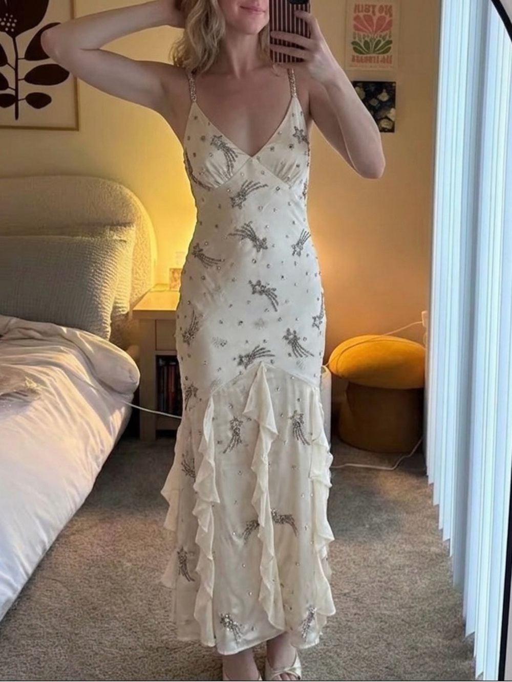 For Love & Lemons Elea Shooting Star Cream Beaded Ruffle Maxi Dress Size Small - Picture 6 of 14